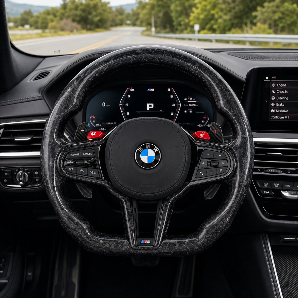 BMW G Series forged carbon steering wheel with M buttons and carbon paddle shifters by CJ Mod Garage