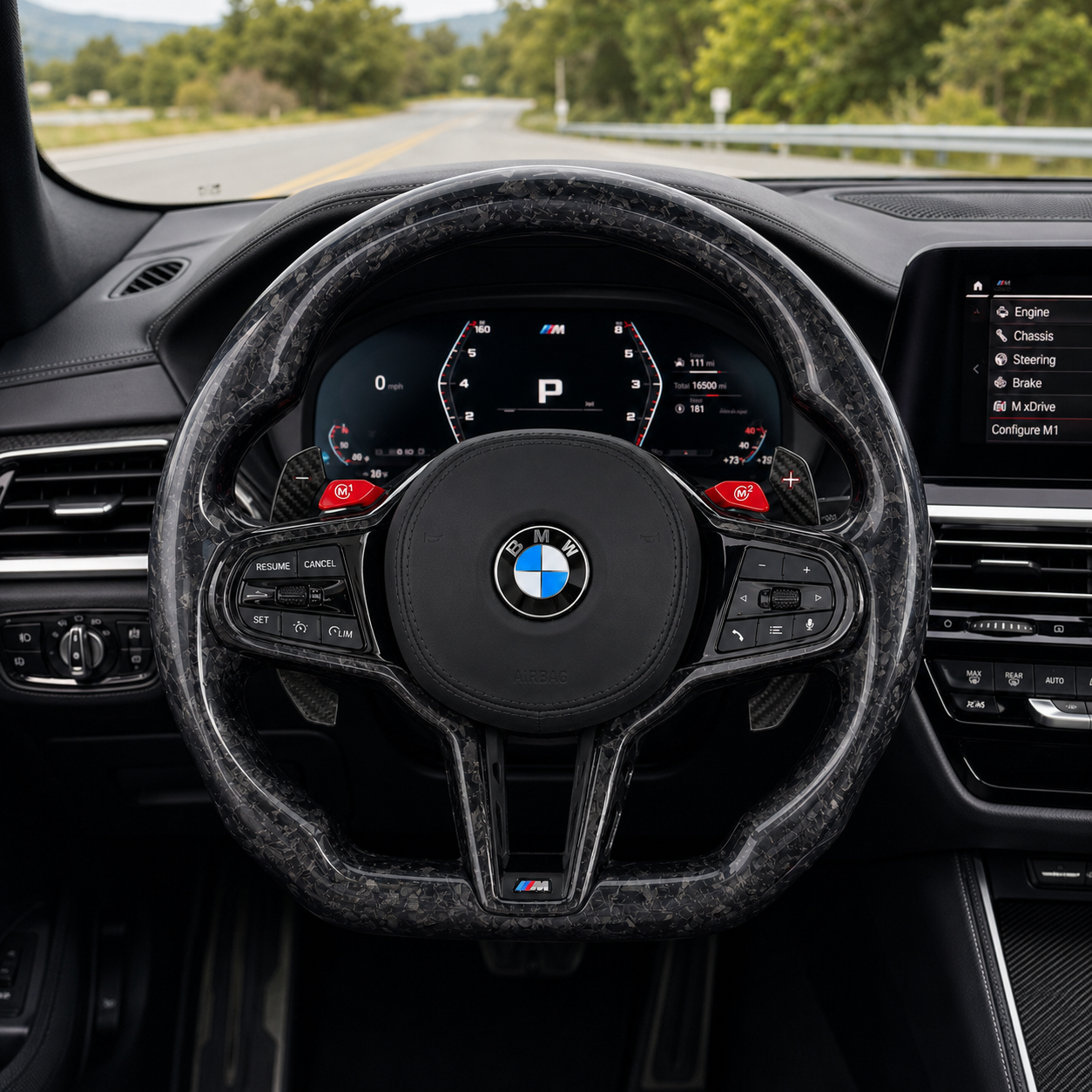 BMW G Series forged carbon steering wheel with M buttons and carbon paddle shifters by CJ Mod Garage