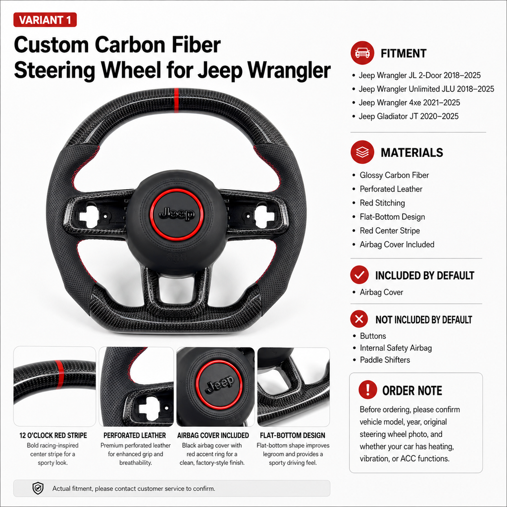 Product detail poster for custom carbon fiber steering wheel for Jeep Wrangler JL JLU and Jeep Gladiator JT with fitment, materials, red center stripe and flat bottom design