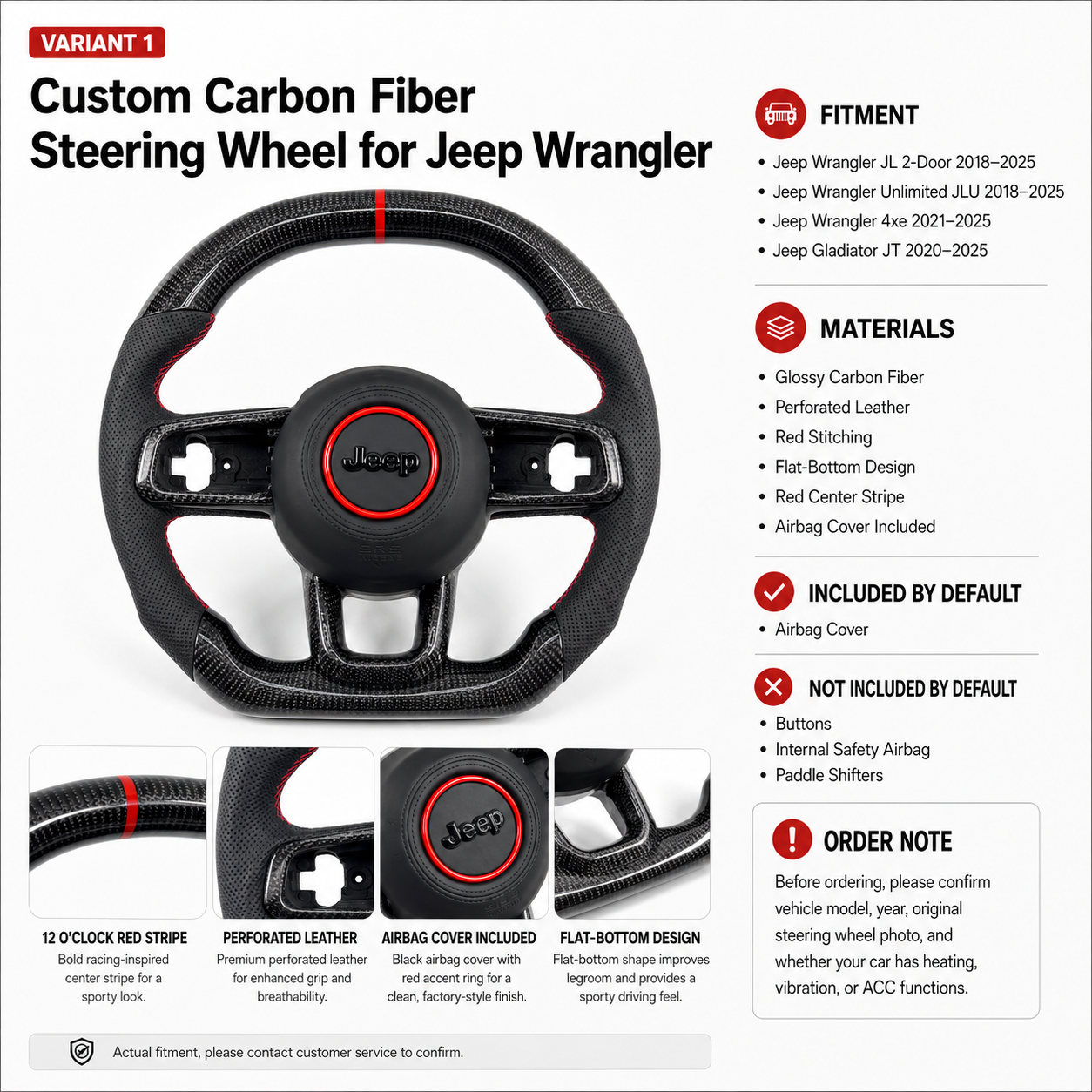 Product detail poster for custom carbon fiber steering wheel for Jeep Wrangler JL JLU and Jeep Gladiator JT with fitment, materials, red center stripe and flat bottom design