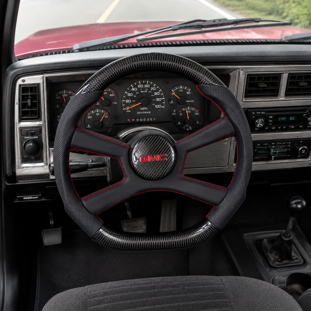 Front interior view of custom GMC steering wheel for classic Chevrolet GMC C/K truck with carbon fiber rim, black perforated grips and red contrast stitching