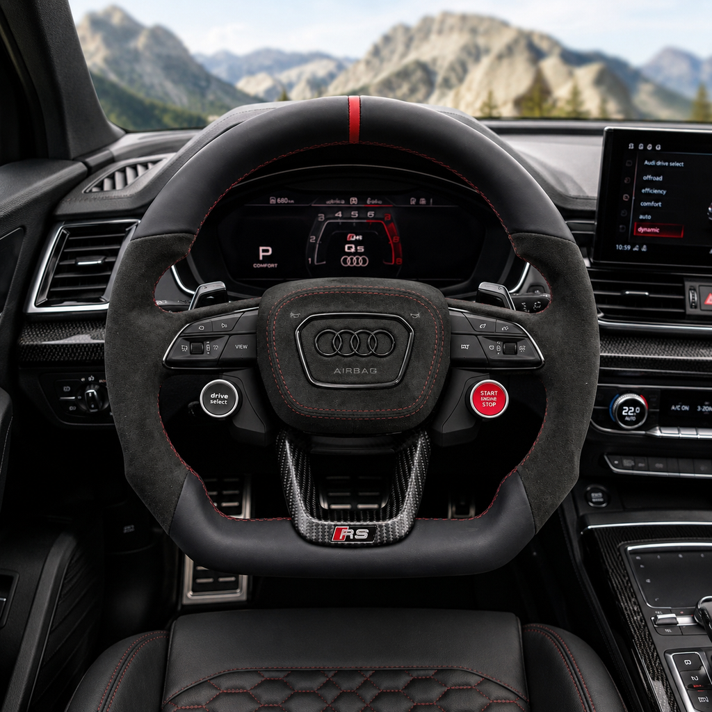 Front driver view of Audi Q5 SQ5 sport steering wheel with smooth leather Alcantara red stitching drive select button and start stop button fits 2018 to 2025 models