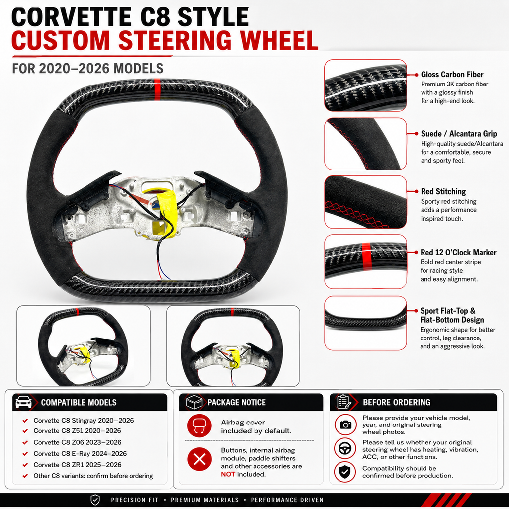 Corvette C8 style custom steering wheel product detail image with gloss carbon fiber suede grip red stitching red center marker flat top flat bottom design and fitment notes