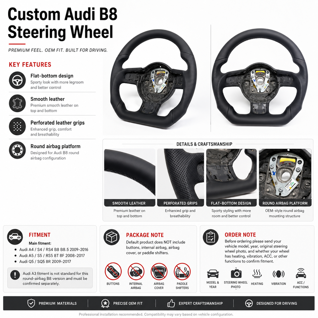 Audi B8 custom steering wheel product spec infographic with fitment guide for A4 S4 RS4 A5 S5 RS5 Q5