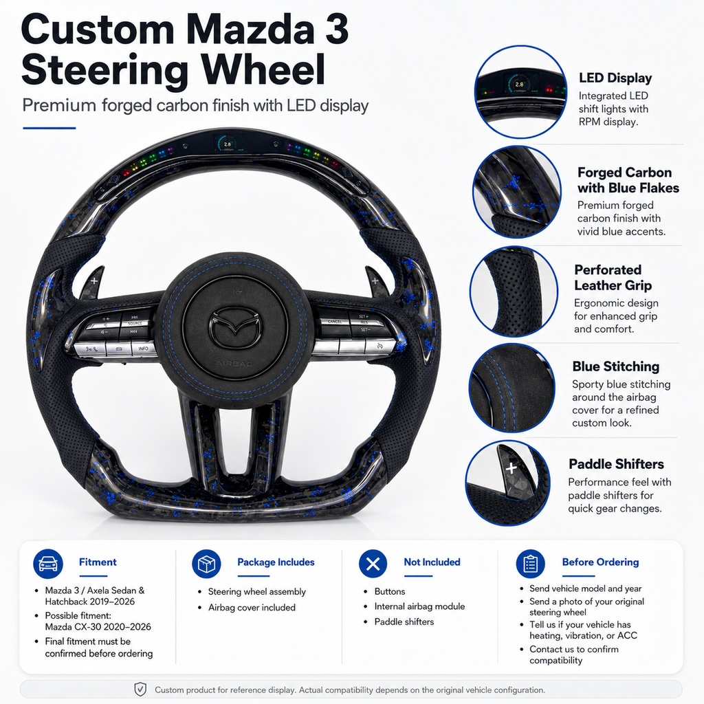 Custom Mazda 3 steering wheel product detail image with LED display forged carbon blue flakes perforated leather grip and blue stitching