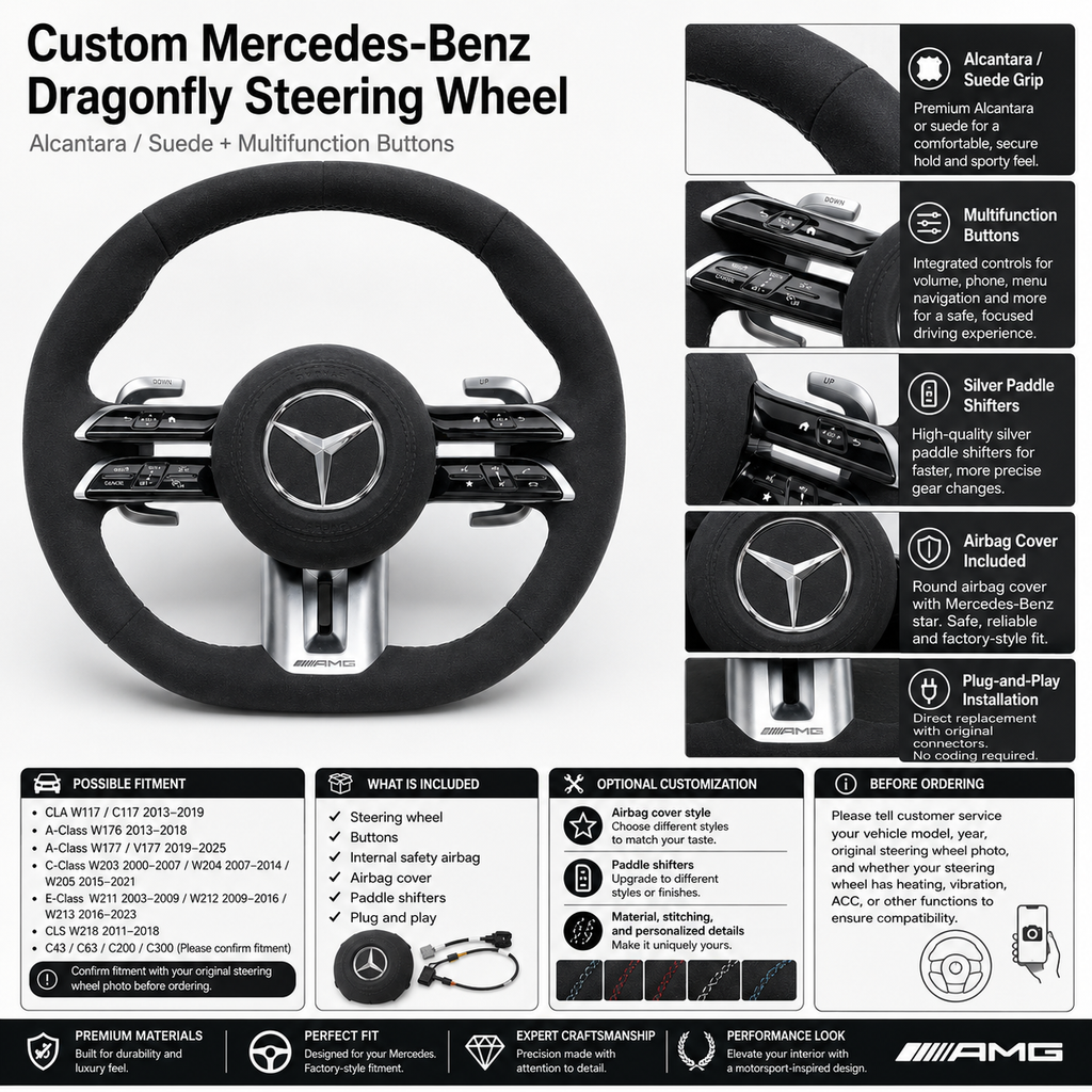 Mercedes-Benz W117 W176 W205 2013-2021 suede Dragonfly steering wheel detail sheet by CJ Mod Garage