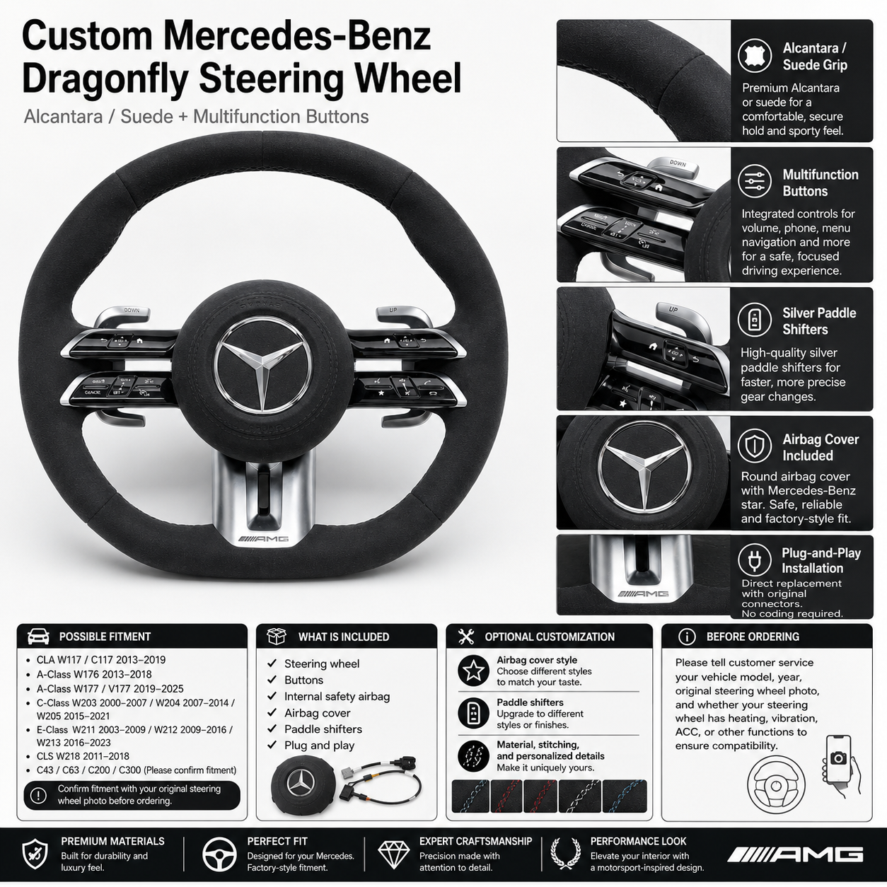 Mercedes-Benz W117 W176 W205 2013-2021 suede Dragonfly steering wheel detail sheet by CJ Mod Garage