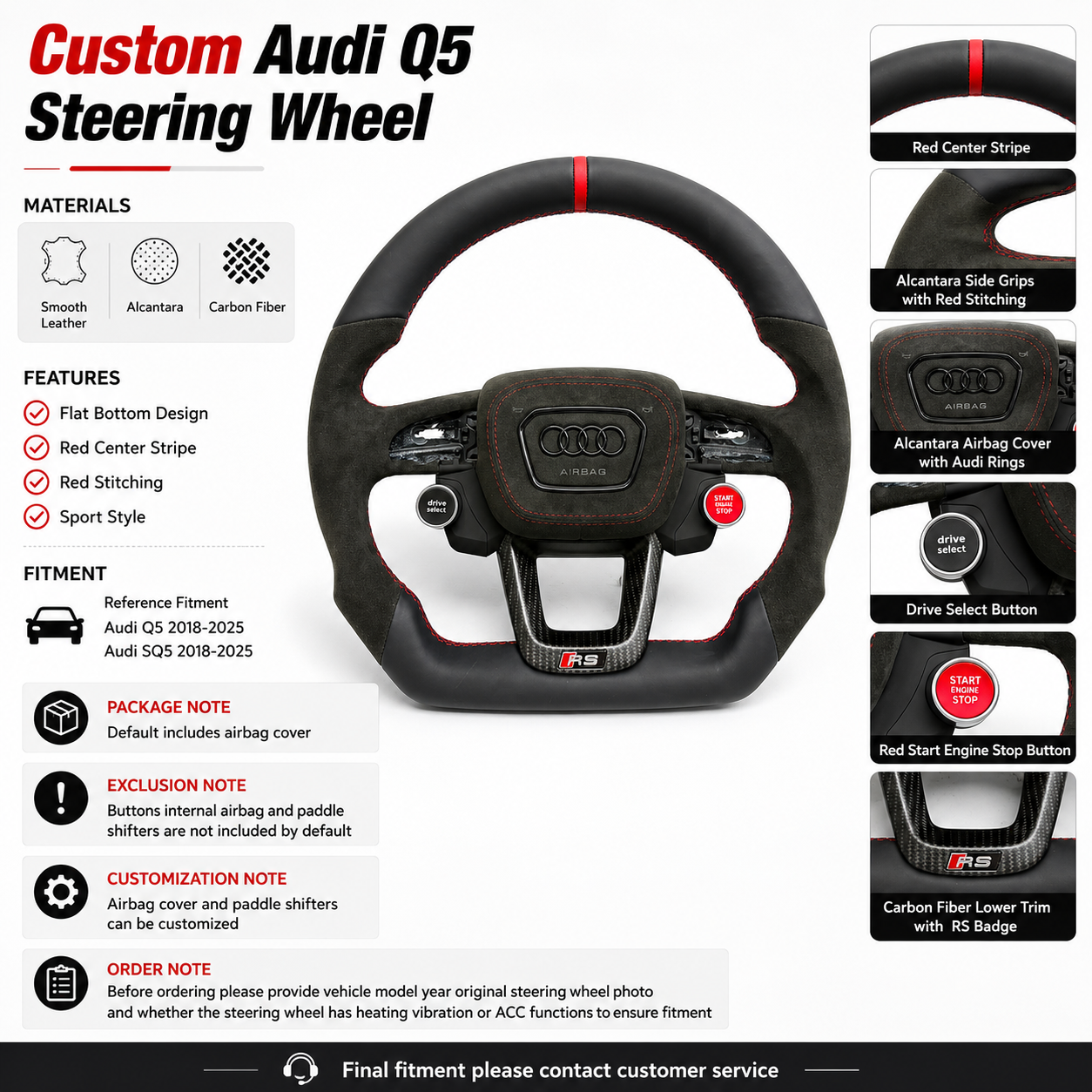 Audi Q5 SQ5 custom steering wheel detail display showing black leather Alcantara red center stripe carbon fiber trim and custom airbag cover fits 2018 to 2025 models
