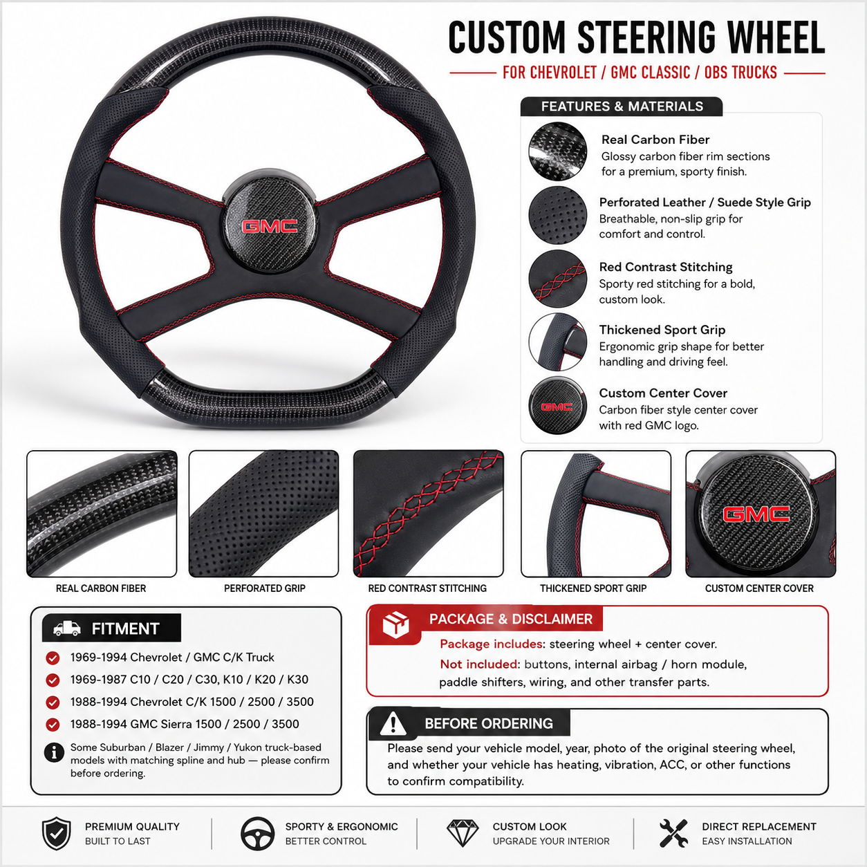 Product detail poster for custom steering wheel for Chevrolet and GMC classic OBS trucks with real carbon fiber, perforated leather grip, red stitching and fitment information