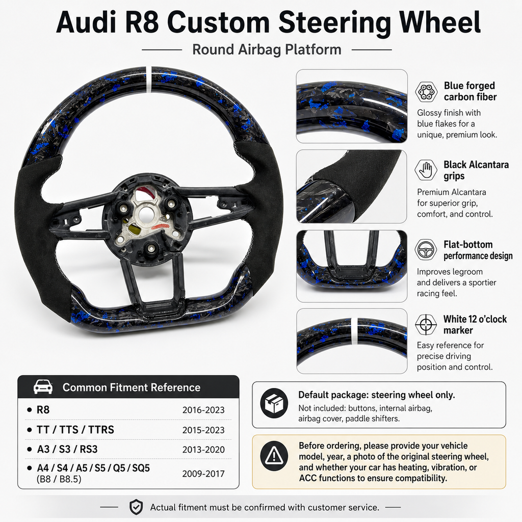 Audi R8 custom steering wheel product detail image showing blue forged carbon fiber black Alcantara grips flat bottom design and Audi model fitment