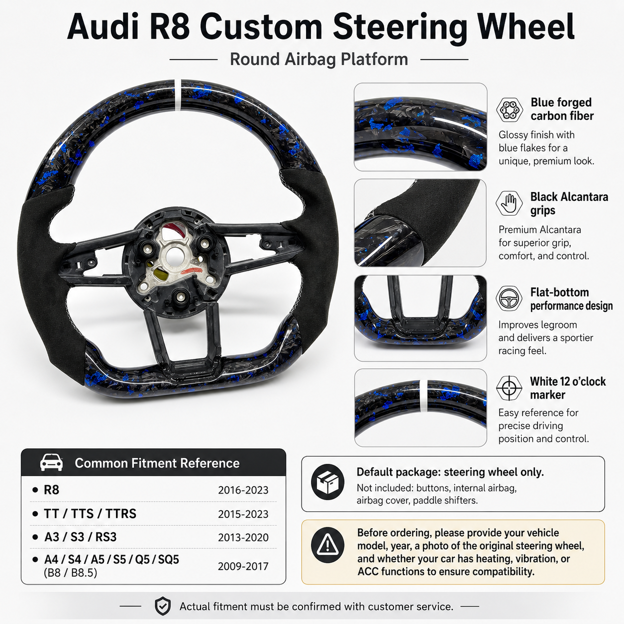 Audi R8 custom steering wheel product detail image showing blue forged carbon fiber black Alcantara grips flat bottom design and Audi model fitment