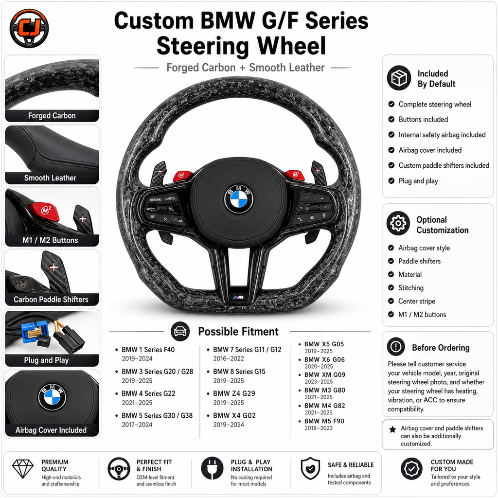 BMW G and F Series forged carbon smooth leather steering wheel fitment detail by CJ Mod Garage