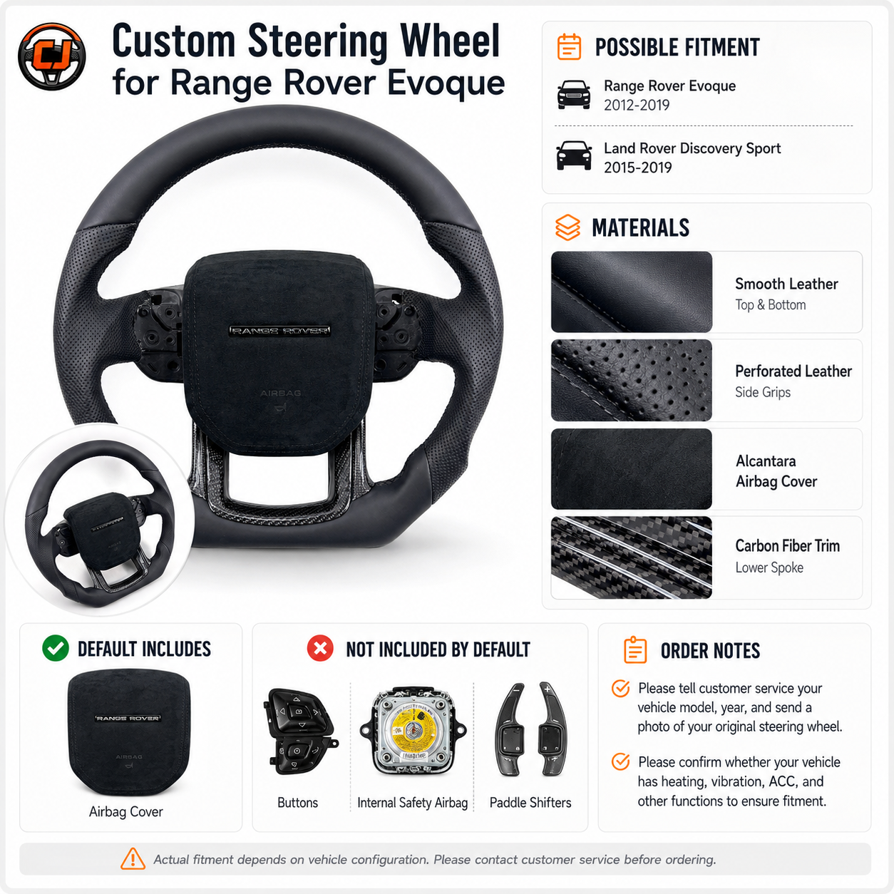 Product detail poster for custom steering wheel for Range Rover Evoque and Land Rover Discovery Sport with leather, Alcantara and carbon fiber material information