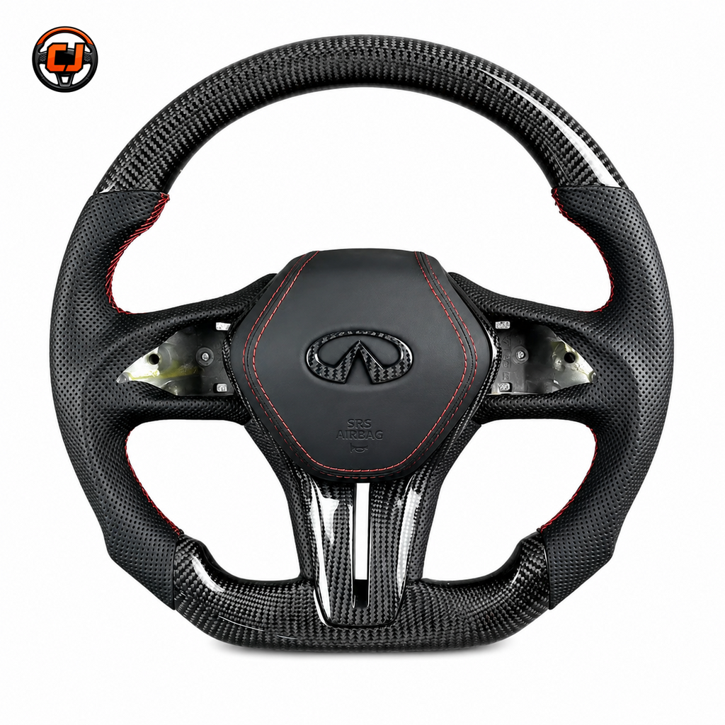 Infiniti Q60 forged carbon fiber style steering wheel with black perforated leather red stitching and airbag cover by CJ Mod Garage