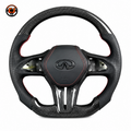 Infiniti Q60 forged carbon fiber style steering wheel with black perforated leather red stitching and airbag cover by CJ Mod Garage