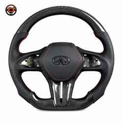 Infiniti Q60 forged carbon fiber style steering wheel with black perforated leather red stitching and airbag cover by CJ Mod Garage