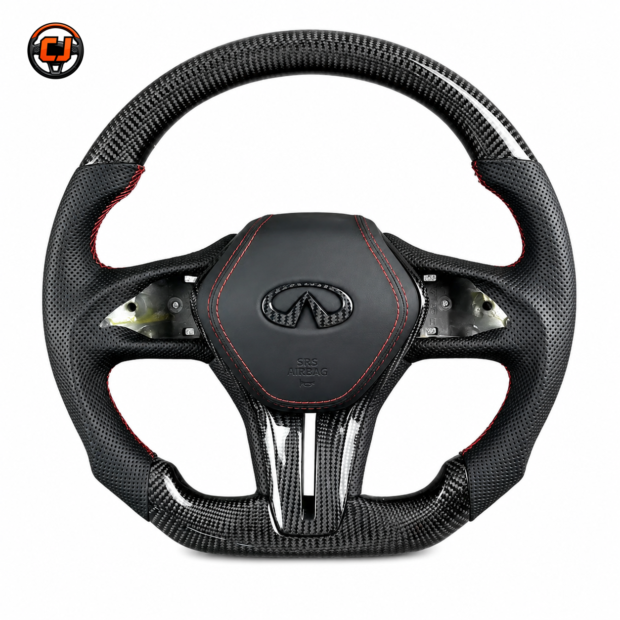 Infiniti Q60 forged carbon fiber style steering wheel with black perforated leather red stitching and airbag cover by CJ Mod Garage