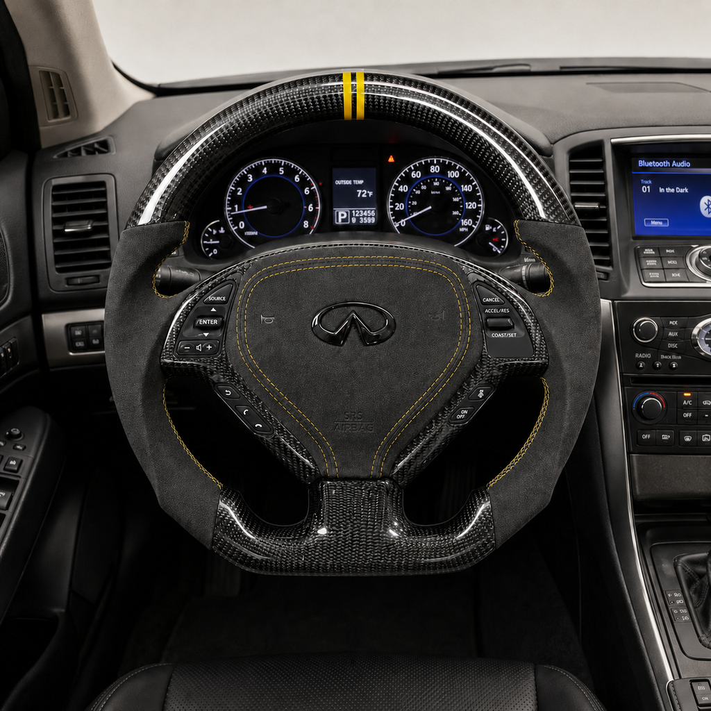 Infiniti G25 G37 custom carbon fiber steering wheel with Alcantara grips yellow stitching yellow center stripe and premium airbag cover by CJ Mod Garage