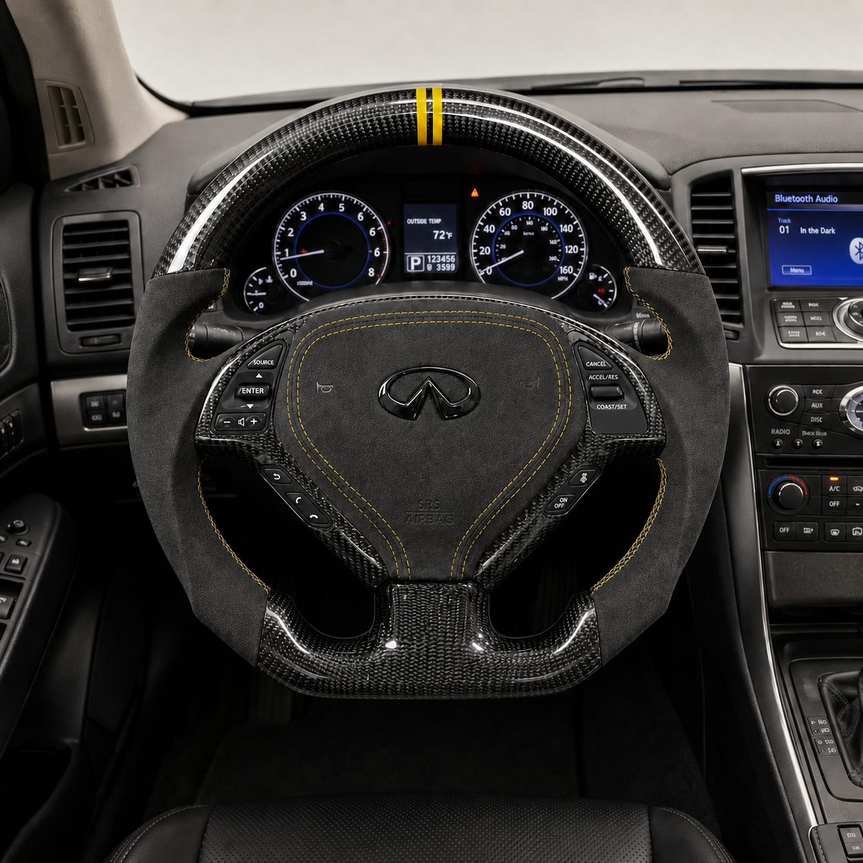 Infiniti G25 G37 custom carbon fiber steering wheel with Alcantara grips yellow stitching yellow center stripe and premium airbag cover by CJ Mod Garage