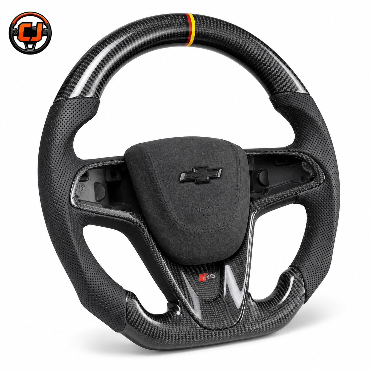 Custom Chevrolet Malibu Cruze carbon fiber steering wheel with black perforated leather suede airbag cover RS badge and yellow red center stripe