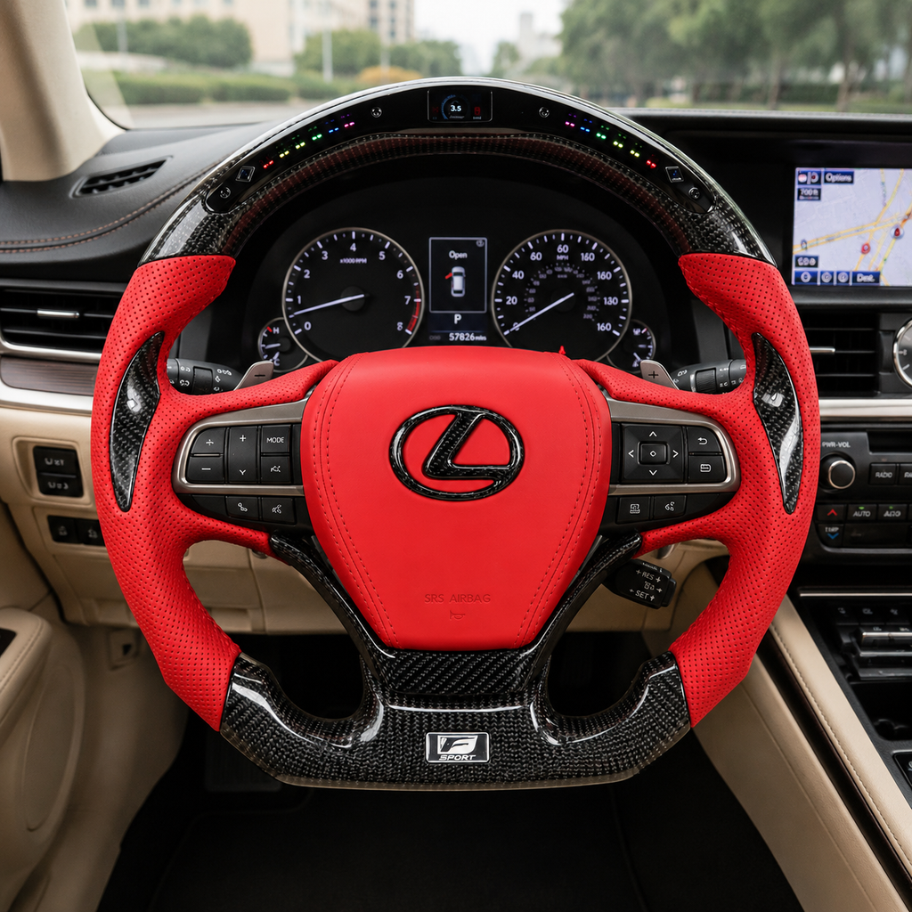Lexus ES Custom Carbon Fiber Steering Wheel With LED Shift Lights Red Perforated Leather Airbag Cover And Flat Bottom Design For Lexus ES250 2013 2018 ES300h 2013 2018 ES350 2013 2018 CJ Mod Garage