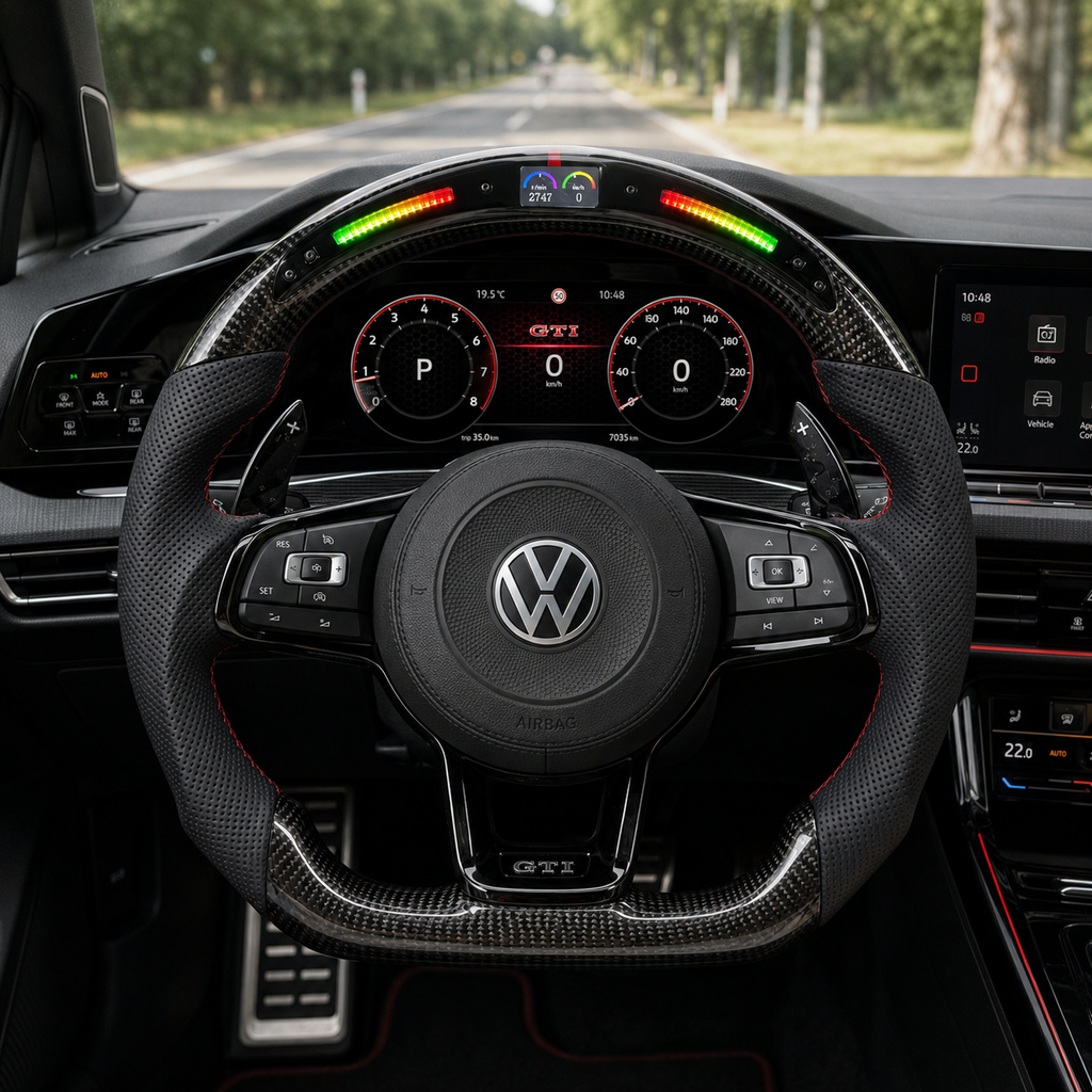 Volkswagen Golf GTI MK7 and MK7 5 2013 to 2020 LED carbon fiber steering wheel in road cabin CJ Mod Garage