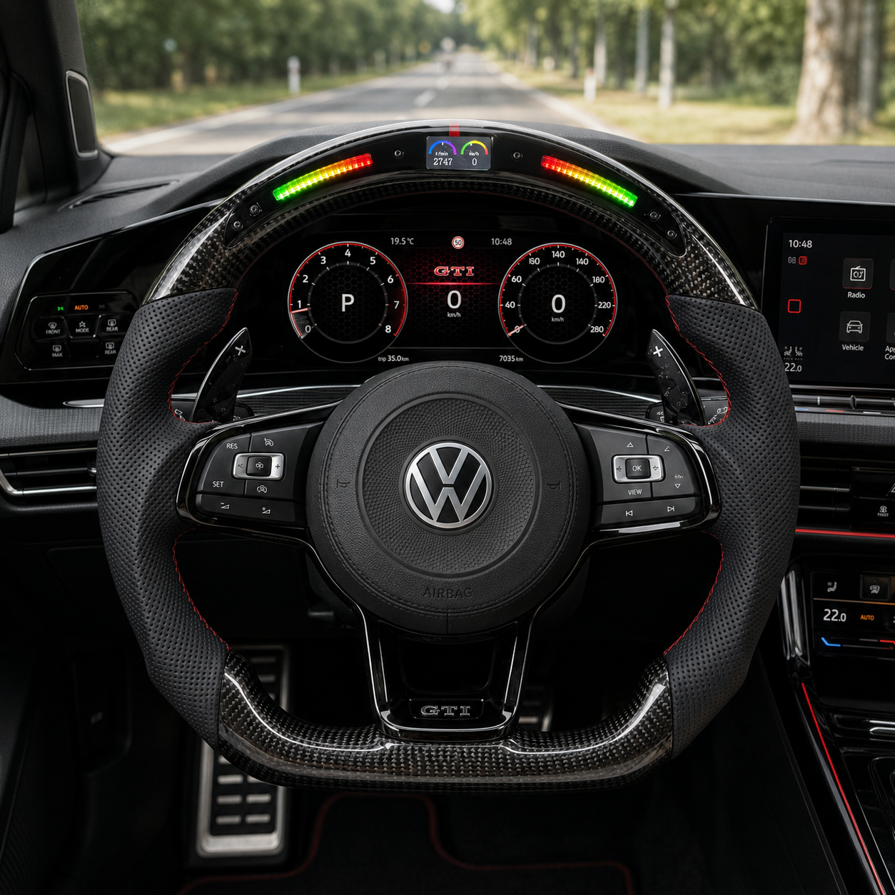 Volkswagen Golf GTI MK7 and MK7 5 2013 to 2020 LED carbon fiber steering wheel in road cabin CJ Mod Garage