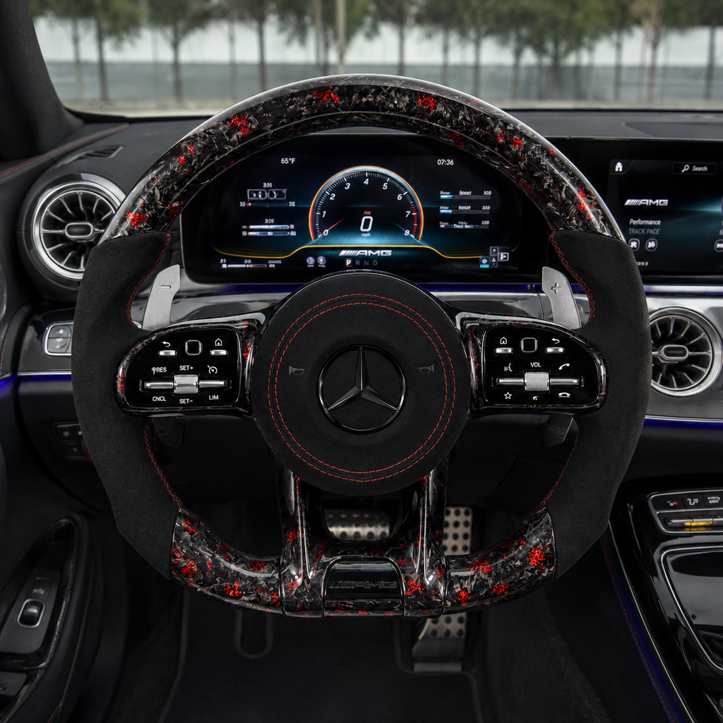 Mercedes AMG forged carbon fiber steering wheel with red flake finish black Alcantara grips for W117 W176 W177 W205 W213 C43 C63 C200 C300 CJ Mod Garage