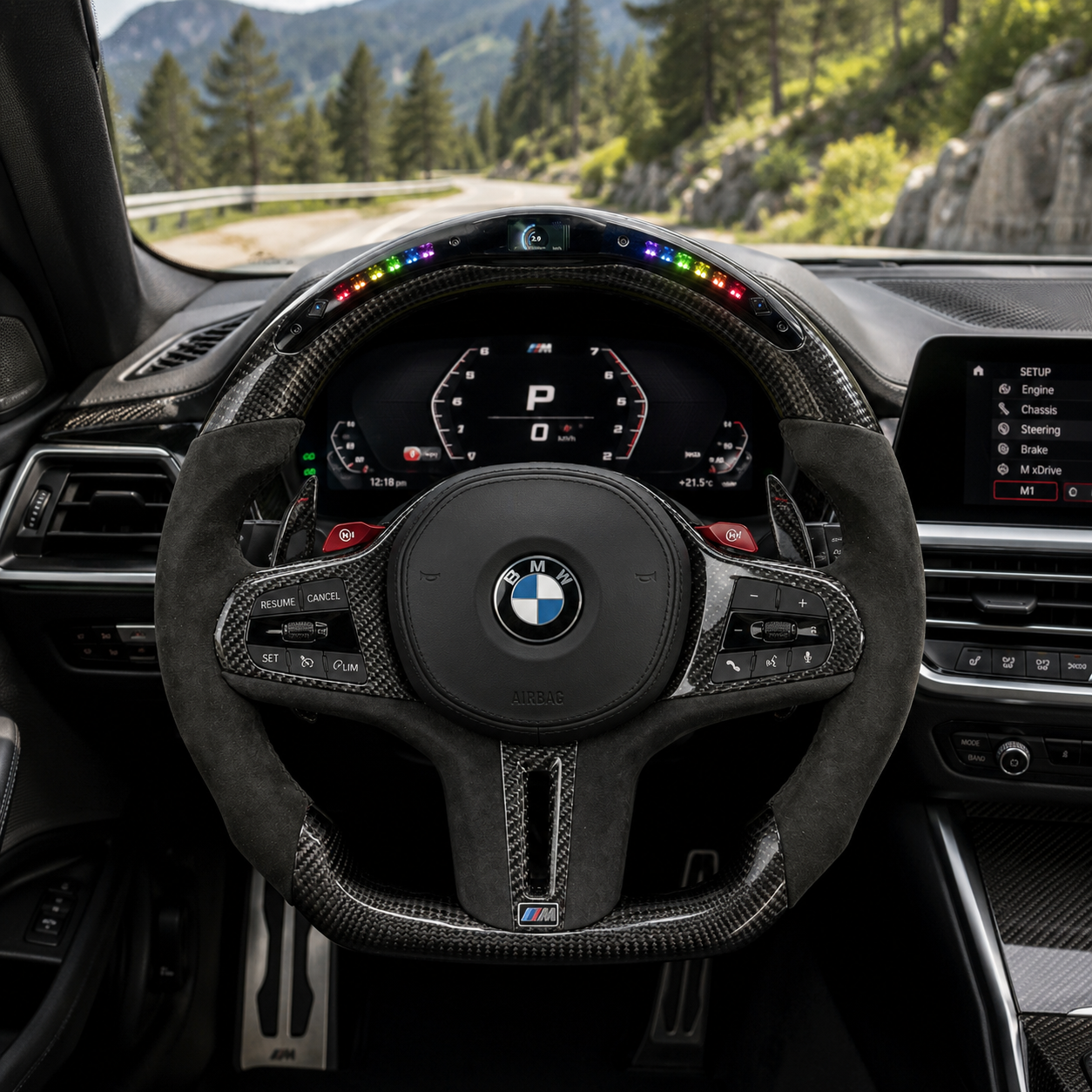 CJ Mod Garage custom BMW LED carbon fiber steering wheel installed in BMW G-chassis interior featuring integrated RGB LED shift lights, digital top display, gloss carbon fiber finish, Alcantara grips, flat-bottom sport design, multifunction controls, and compatibility with BMW G02 G05 G06 G09 G11 G12 G15 G20 G22 G28 G29 G30 G38 G80 G82 F40 F90 models