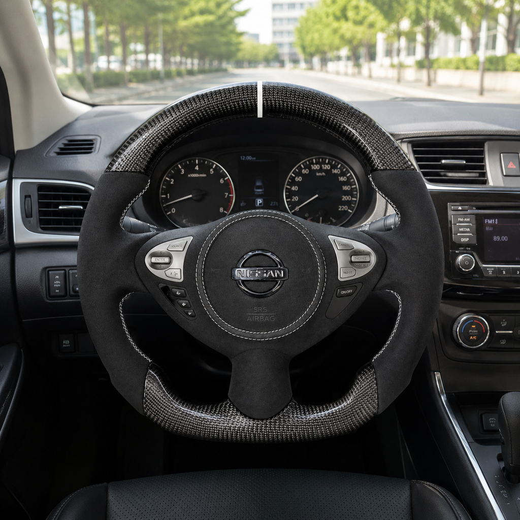 Nissan Sylphy Classic custom carbon fiber steering wheel with Alcantara grips white center stripe and contrast stitching by CJ Mod Garage