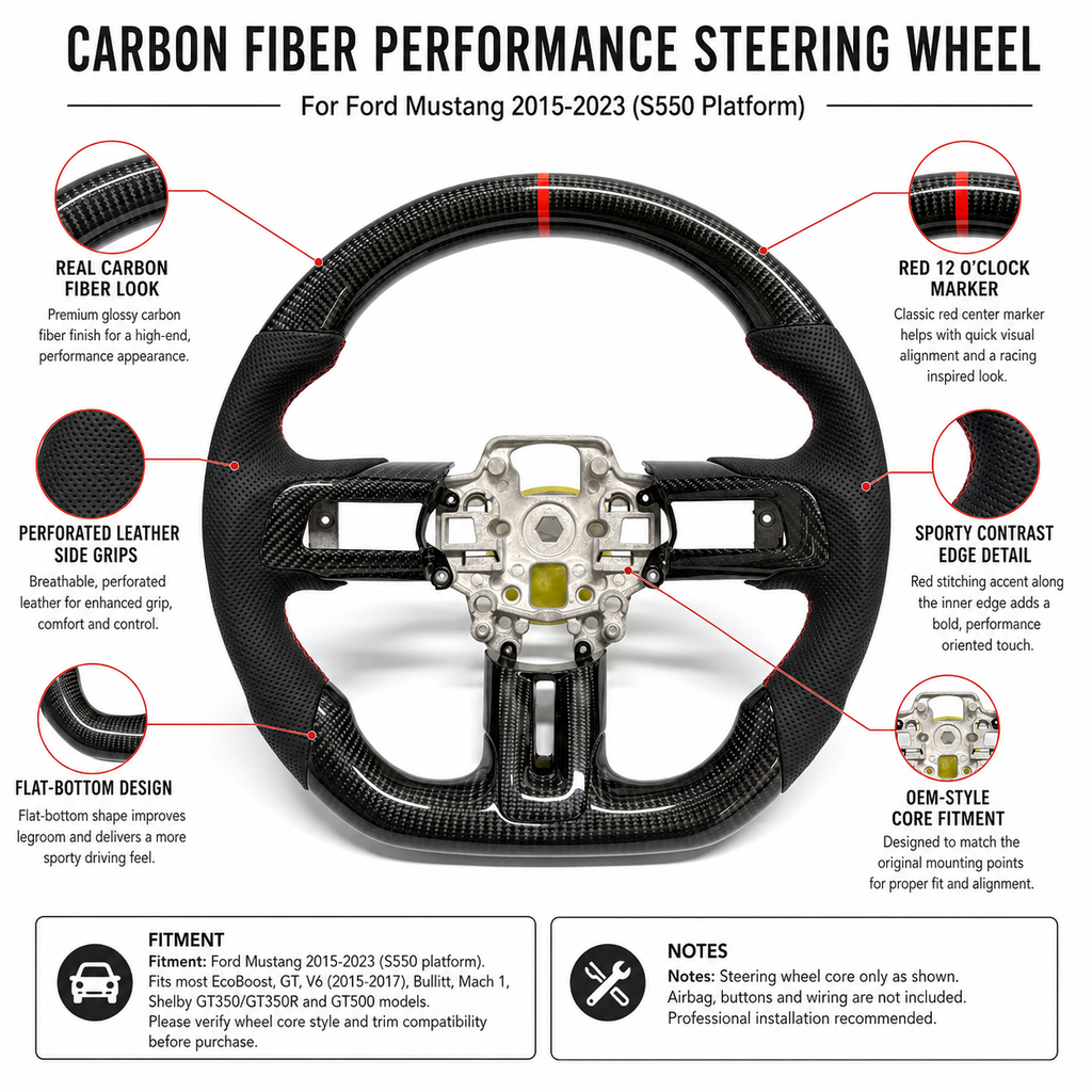 FOR Ford Mustang S550/GT 2015-2023 Carbon Fiber Steering Wheel - Black Carbon Fiber & Black Perforated Leather & Red Stripes - CJ Mod Garage & Product Details Image