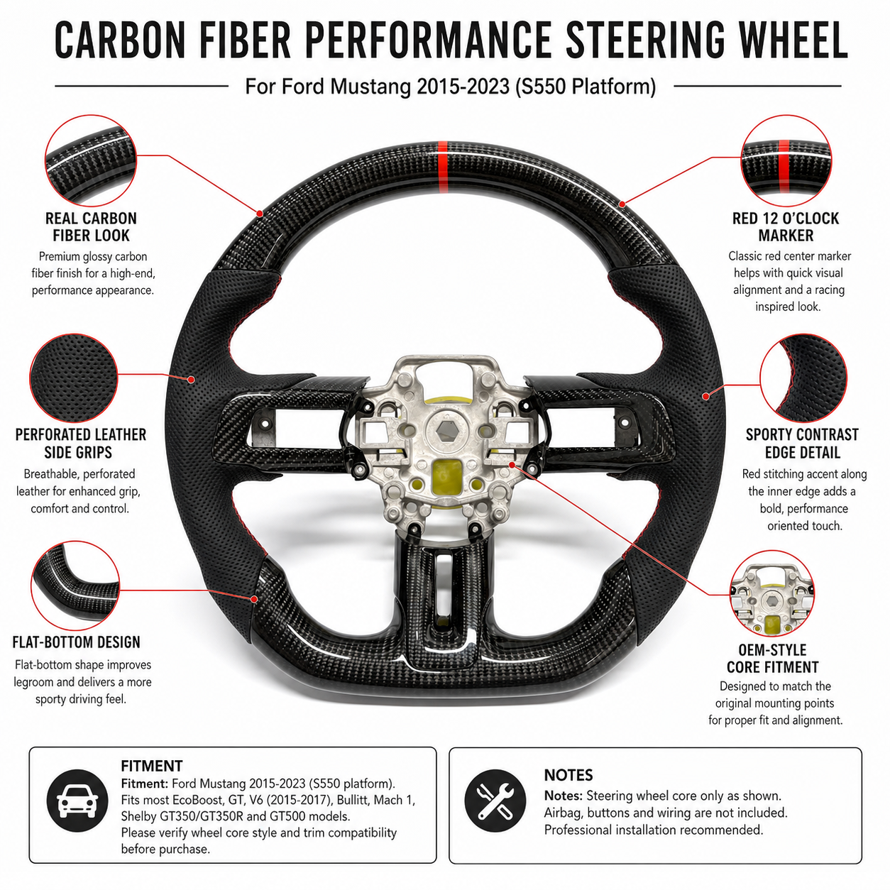 FOR Ford Mustang S550/GT 2015-2023 Carbon Fiber Steering Wheel - Black Carbon Fiber & Black Perforated Leather & Red Stripes - CJ Mod Garage & Product Details Image