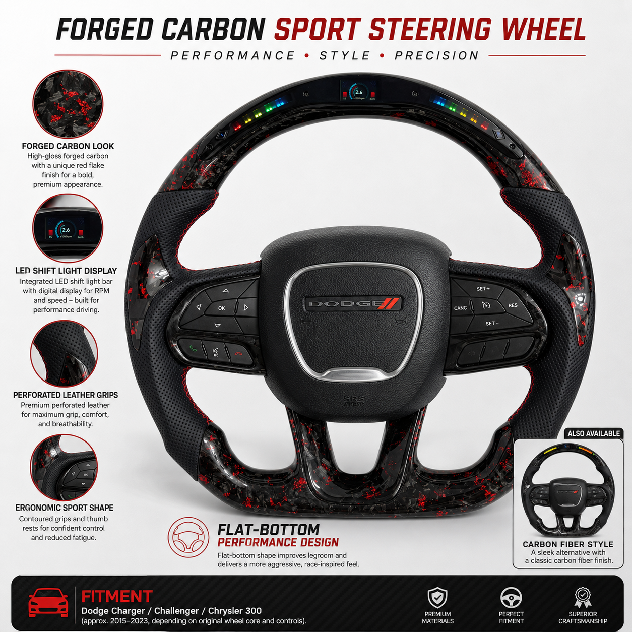 For Dodge Charger Challenger Hellcat Charger Durango SRT RT GT 2015-2023 Carbon Fiber Steering Wheel - CJ Mod Garage 43