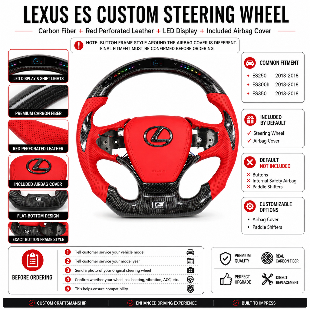 Custom Lexus ES Steering Wheel Featuring Carbon Fiber Construction Red Leather Grip LED Display Included Airbag Cover And Performance Flat Bottom Shape For Lexus ES250 2013 2018 ES300h 2013 2018 ES350 2013 2018 CJ Mod Garage