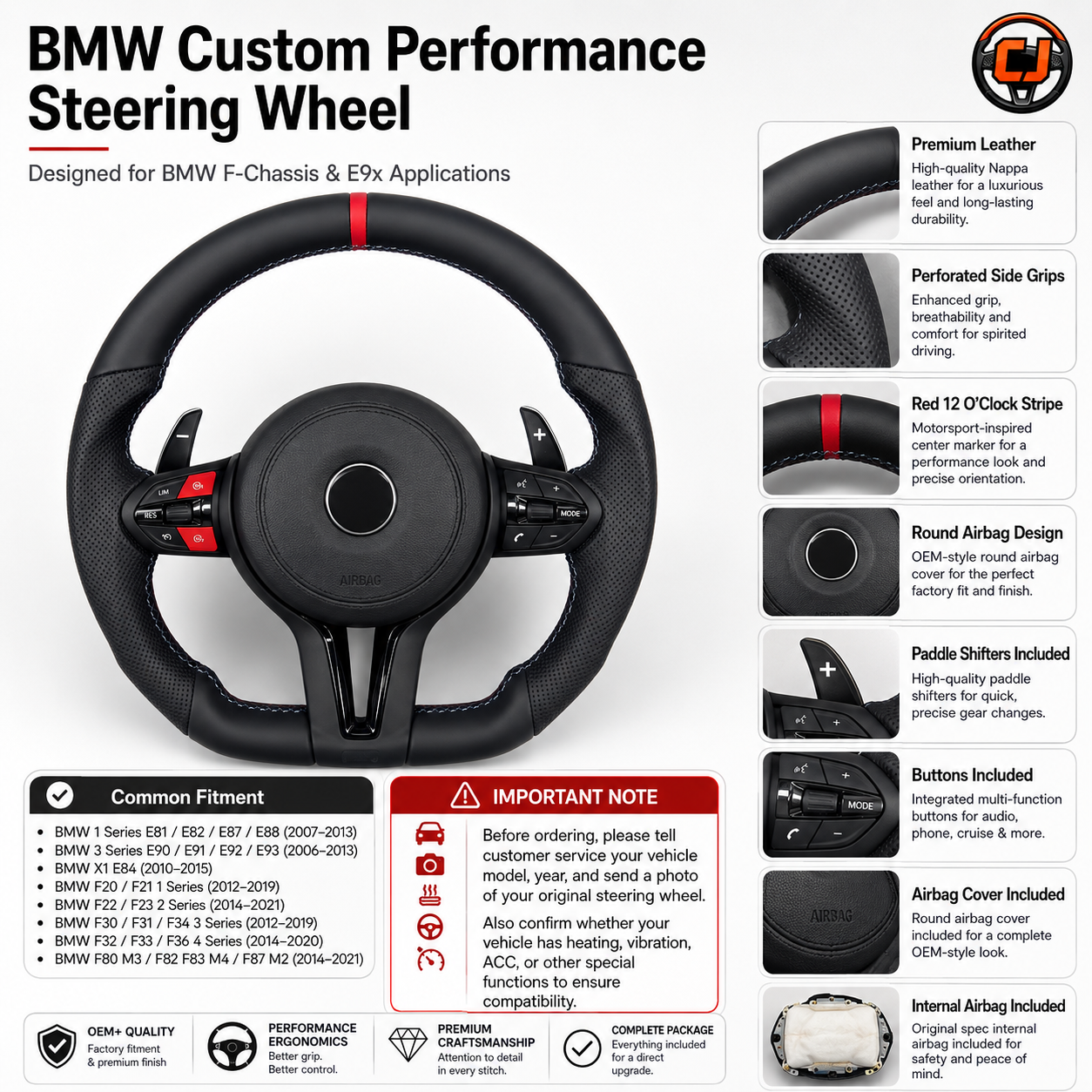 For BMW F10 F11 F15 F18 F20 F23 F25 F30 F32 F35 F40 F80 E84 E87 E90 E92 E93 2005-2019 Nappa Leather/Alcantara Steering Wheel - CJ Mod Garage 11