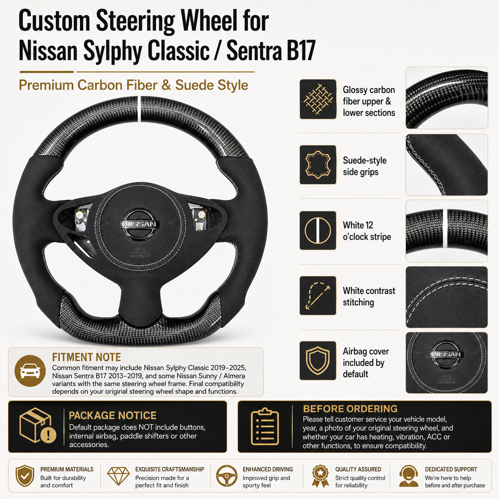 Nissan Sentra B17 carbon fiber and suede steering wheel featuring gloss carbon sections white stitching and ergonomic grip design by CJ Mod Garage