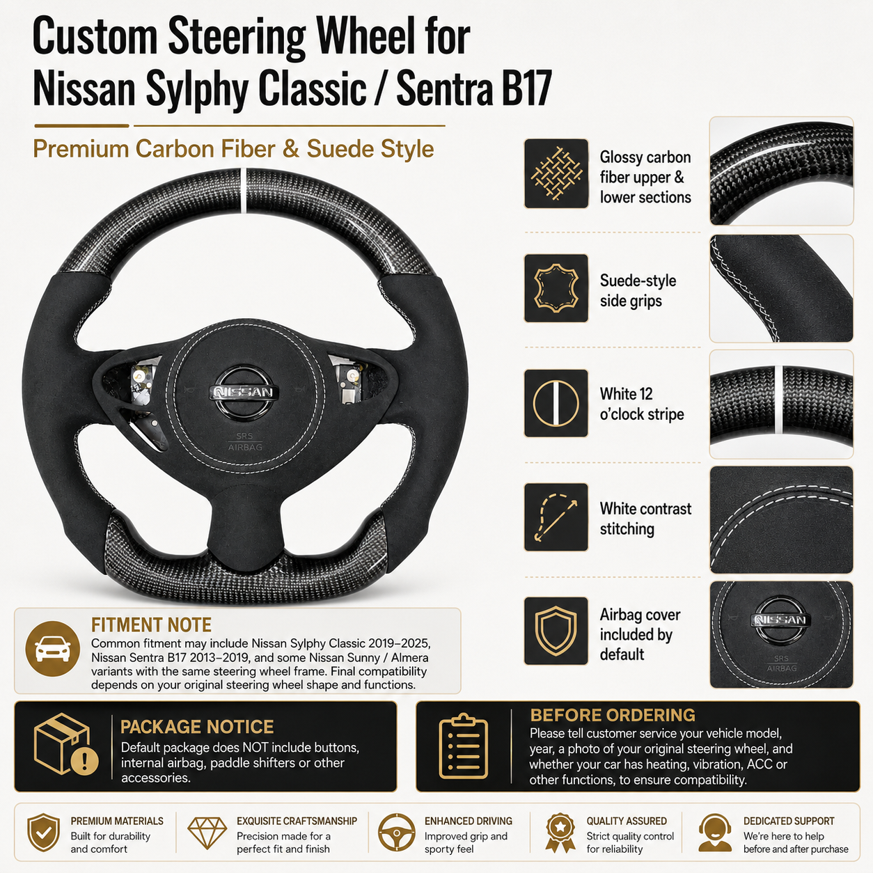 Nissan Sentra B17 carbon fiber and suede steering wheel featuring gloss carbon sections white stitching and ergonomic grip design by CJ Mod Garage