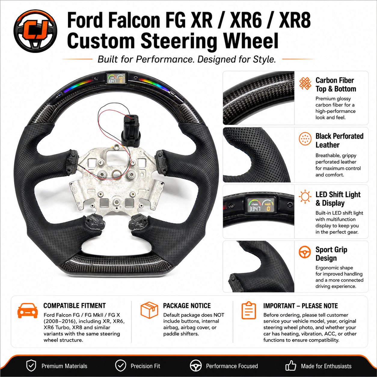Ford Falcon FG XR XR6 XR8 custom LED steering wheel detail graphic with carbon fiber and black perforated leather by CJ Mod Garage