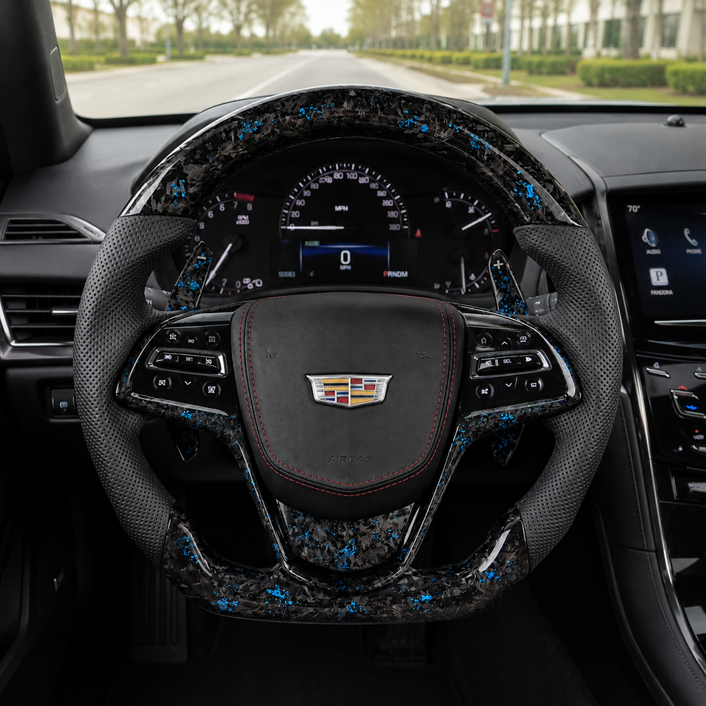 Cadillac ATS blue forged carbon perforated leather steering wheel installed in luxury cabin by CJ Mod Garage