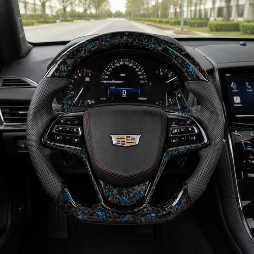 Cadillac ATS blue forged carbon perforated leather steering wheel installed in luxury cabin by CJ Mod Garage