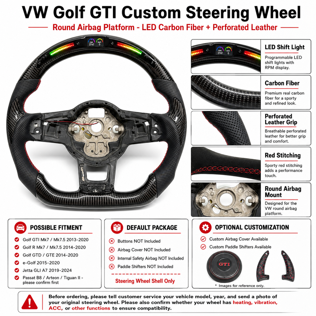 Volkswagen Golf GTI MK7 and MK7 5 2013 to 2020 LED carbon fiber wheel product feature display CJ Mod Garage