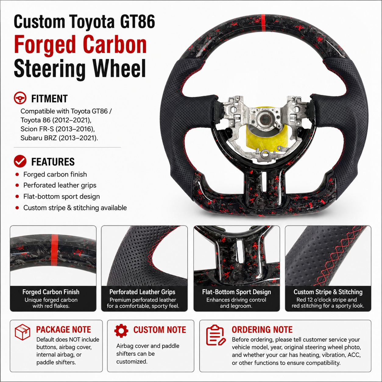 Custom Toyota GT86 / Subaru BRZ / Scion FR-S steering wheel featuring forged carbon fiber, red stitching, flat-bottom profile and sport-inspired design by CJ Mod Garage