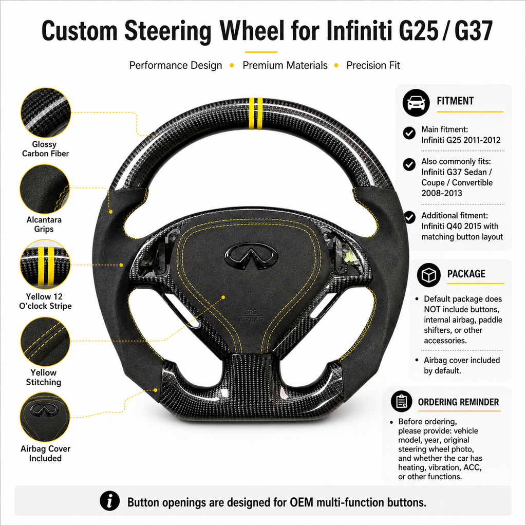 Infiniti G25 G37 carbon fiber steering wheel featuring glossy carbon weave Alcantara grips yellow stitching flat bottom design by CJ Mod Garage