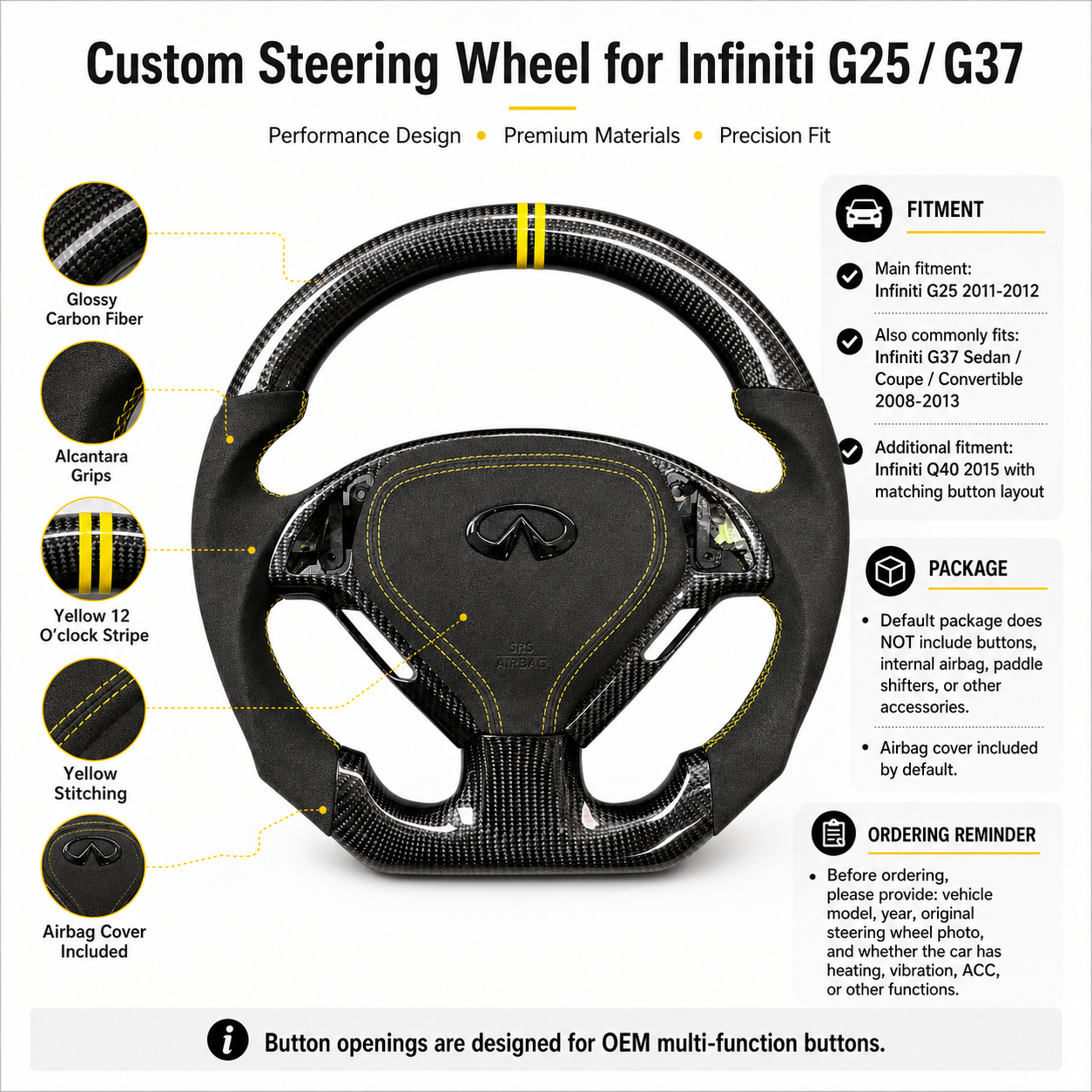 Infiniti G25 G37 carbon fiber steering wheel featuring glossy carbon weave Alcantara grips yellow stitching flat bottom design by CJ Mod Garage