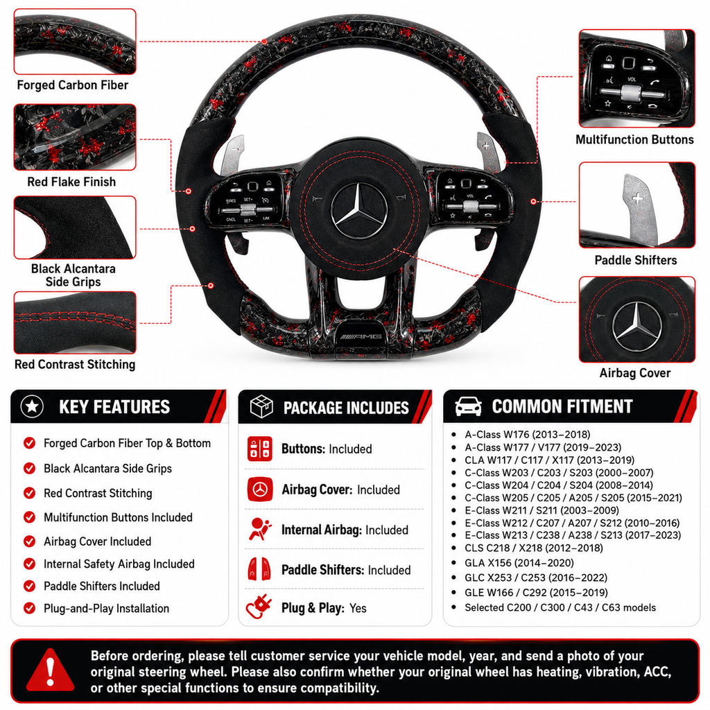 Custom Mercedes AMG forged carbon steering wheel with red stitching paddle shifters for W203 W204 W205 W211 W212 W218 C43 C63 C200 C300 CJ Mod Garage