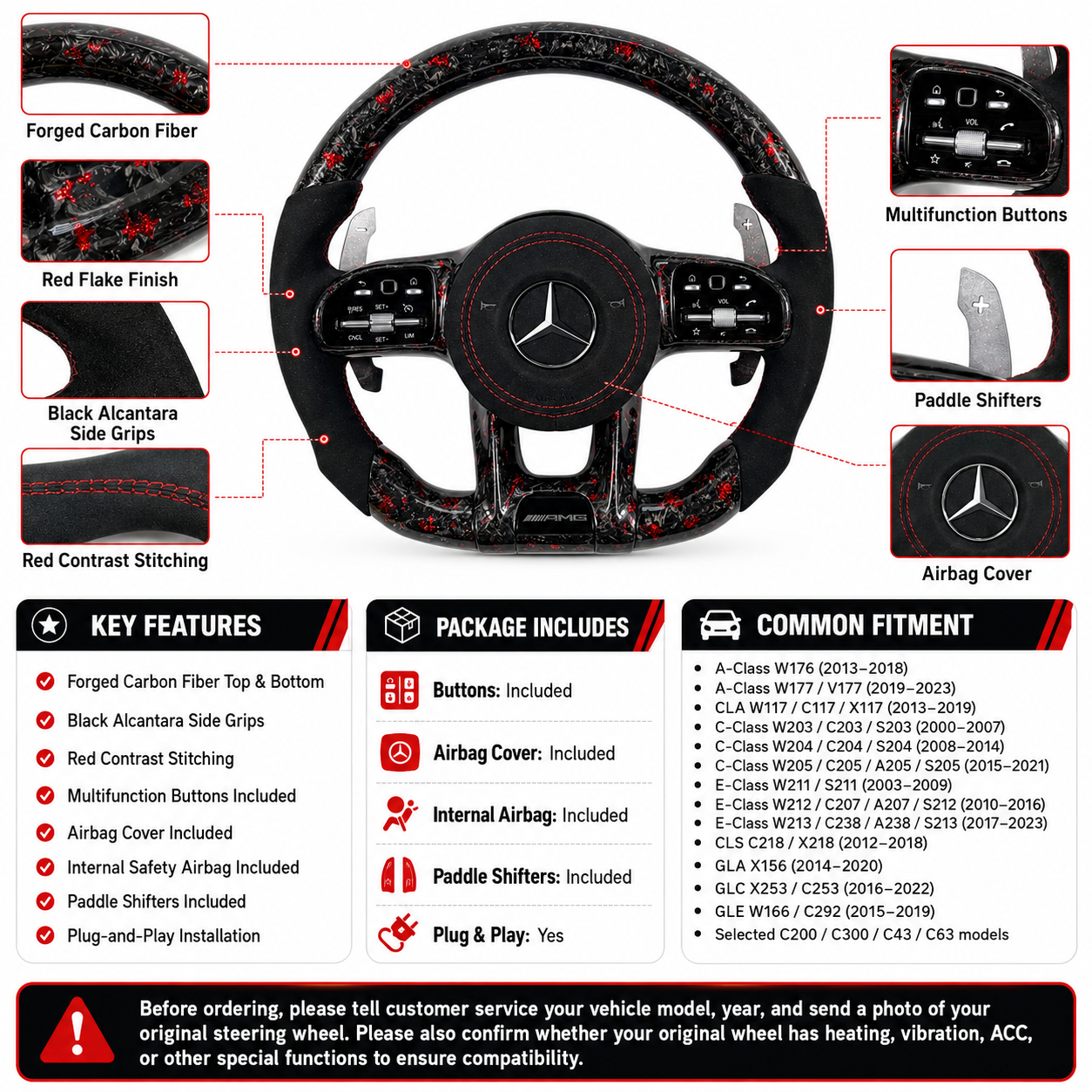 Custom Mercedes AMG forged carbon steering wheel with red stitching paddle shifters for W203 W204 W205 W211 W212 W218 C43 C63 C200 C300 CJ Mod Garage