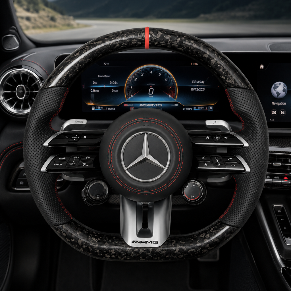 Mercedes W205 S205 C205 A205 2015-2021 forged carbon AMG steering wheel with red stitching by CJ Mod Garage