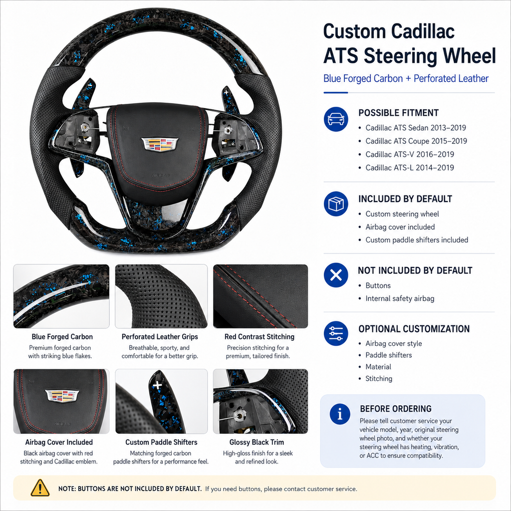 Cadillac ATS blue forged carbon perforated leather steering wheel fitment and material detail by CJ Mod Garage