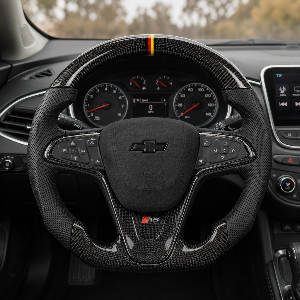 Custom Chevrolet Malibu Cruze steering wheel installed in vehicle interior with glossy carbon fiber black perforated leather grip RS badge and yellow red center stripe