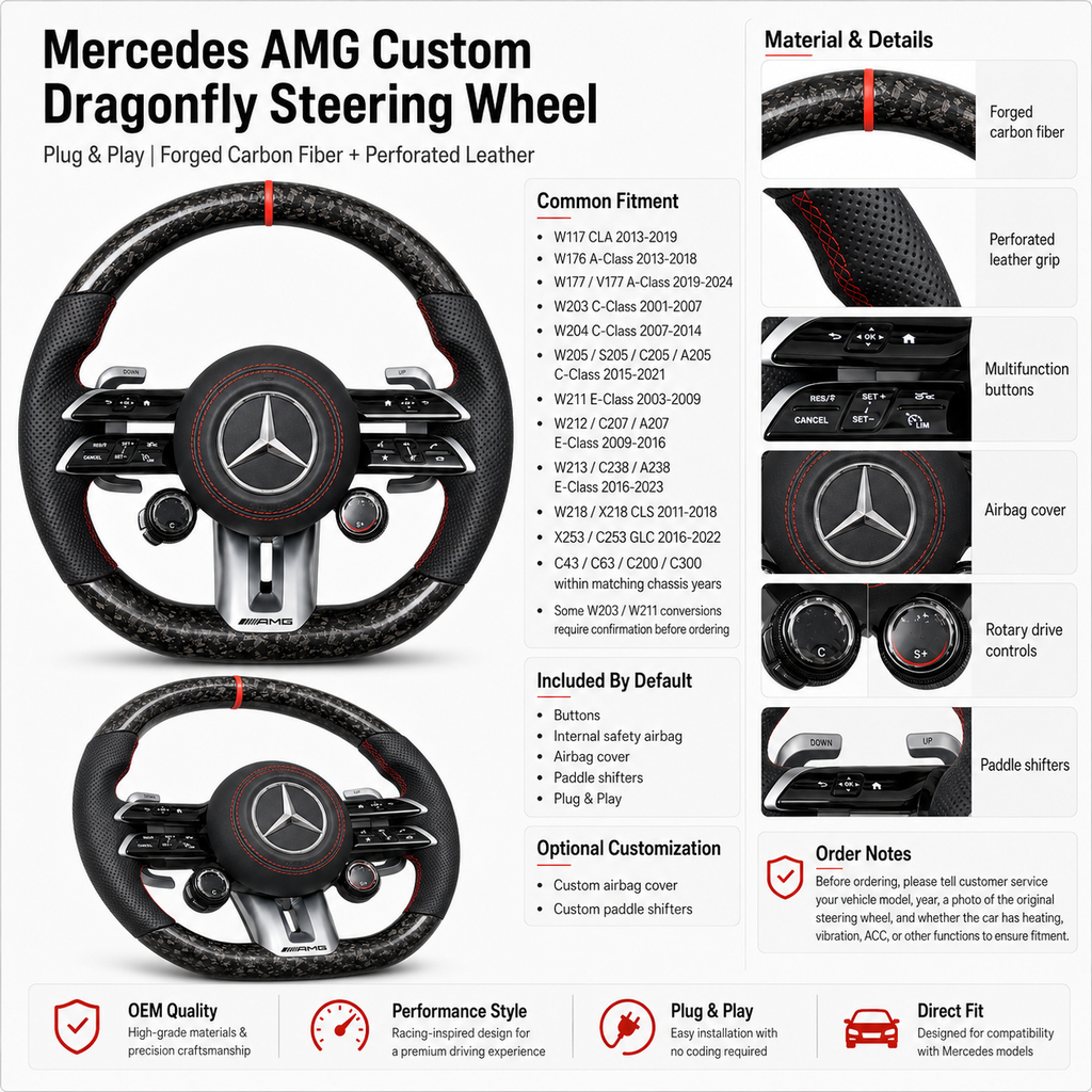 Mercedes W203 C-Class 2001-2007 forged carbon Dragonfly steering wheel detail layout by CJ Mod Garage
